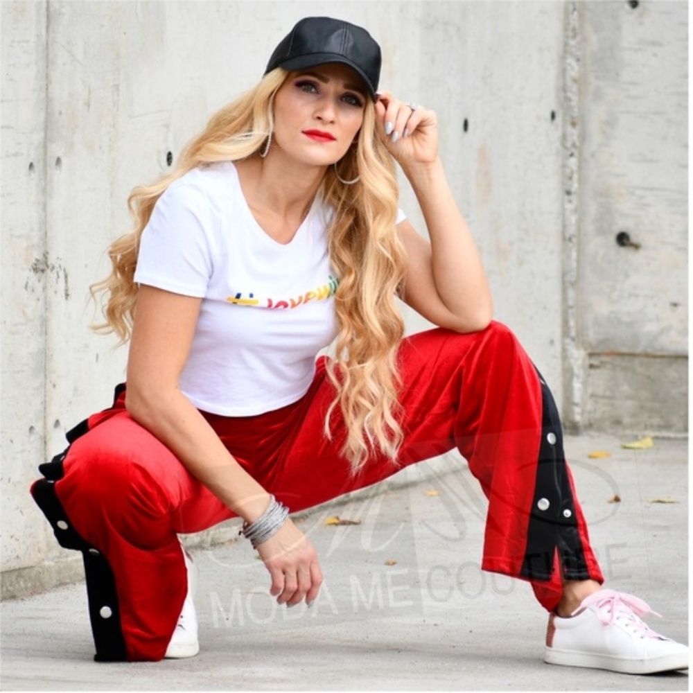 RED VELVET TRACK PANTS - Picture 3 of 5